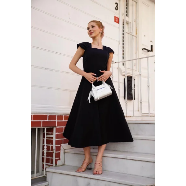 U yaka prenses elbise siyah s255101