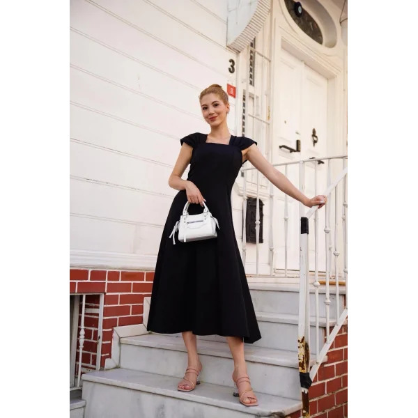 U yaka prenses elbise siyah s255101