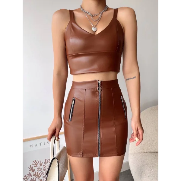 Üç fermuarlı deri etek kahve s24510