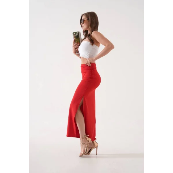 Uzun yırtmaçlı ince kumaş etek kırmızı