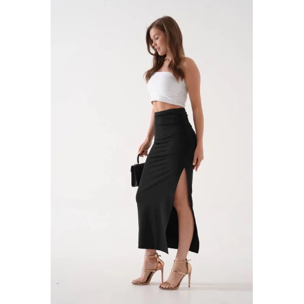 Uzun yırtmaçlı ince kumaş etek siyah