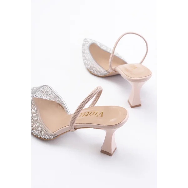 V-1005 Bej Günlük Arkası Açık Taşlı Topuklu Bayan Ayakkabı
