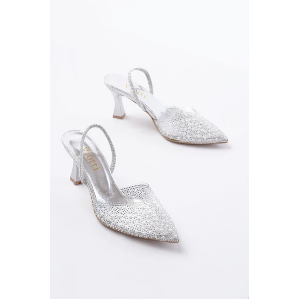 V-1005 Gümüş Günlük Arkası Açık Taşlı Topuklu Bayan Ayakkabı
