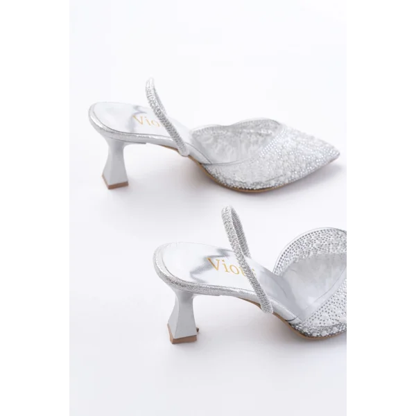 V-1005 Gümüş Günlük Arkası Açık Taşlı Topuklu Bayan Ayakkabı