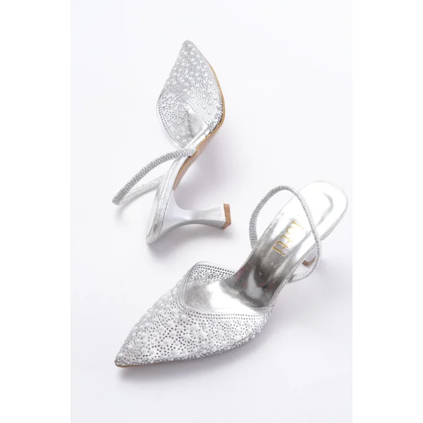 V-1005 Gümüş Günlük Arkası Açık Taşlı Topuklu Bayan Ayakkabı