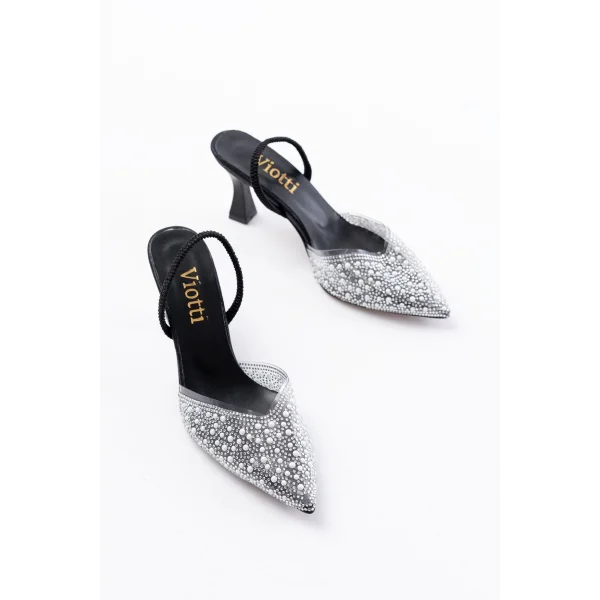 V-1005 Siyah Günlük Arkası Açık Taşlı Topuklu Bayan Ayakkabı