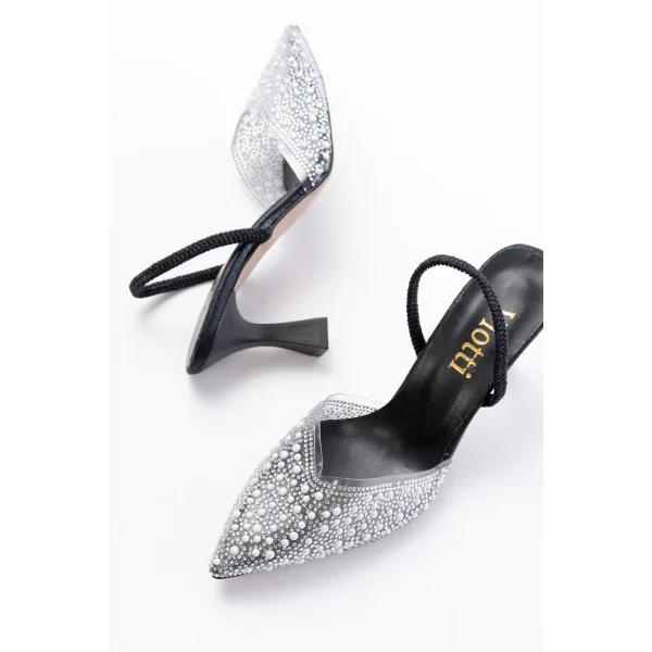 V-1005 Siyah Günlük Arkası Açık Taşlı Topuklu Bayan Ayakkabı