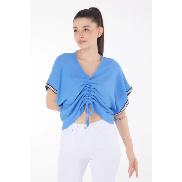 V yaka büzgülü detaylı bluz