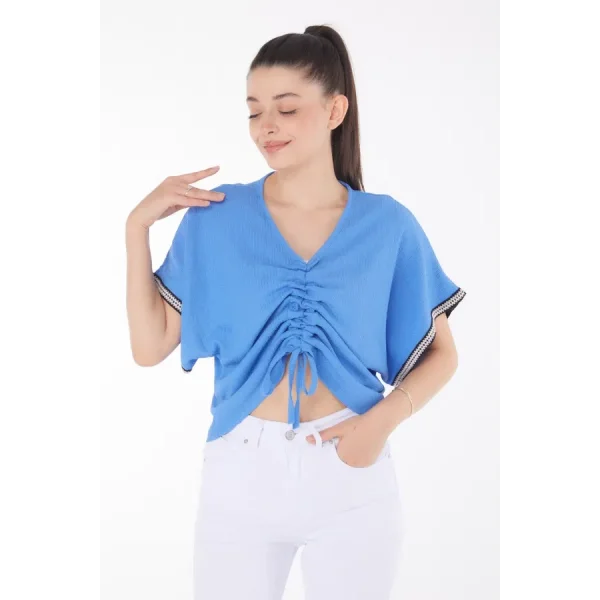 V yaka büzgülü detaylı bluz