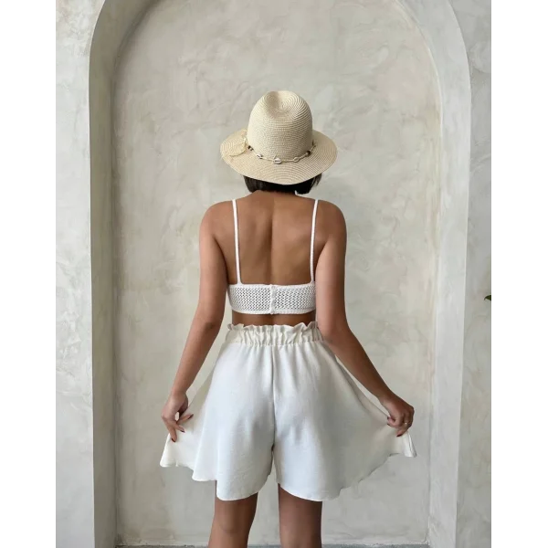 Volanlı keten şort bej s255058