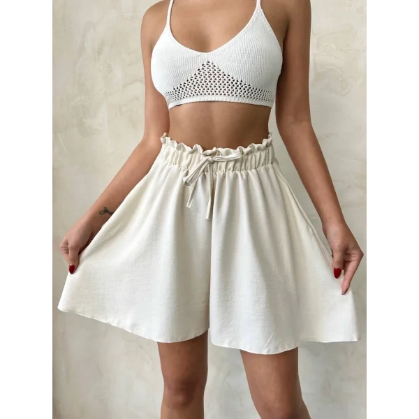 Volanlı keten şort bej s255058