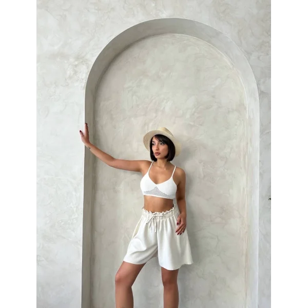 Volanlı keten şort bej s255058