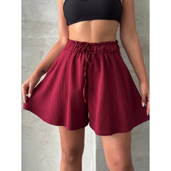 Volanlı keten şort bordo s255058