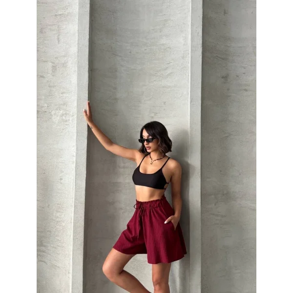 Volanlı keten şort bordo s255058