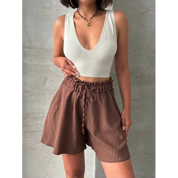 Volanlı keten şort kahve s255058