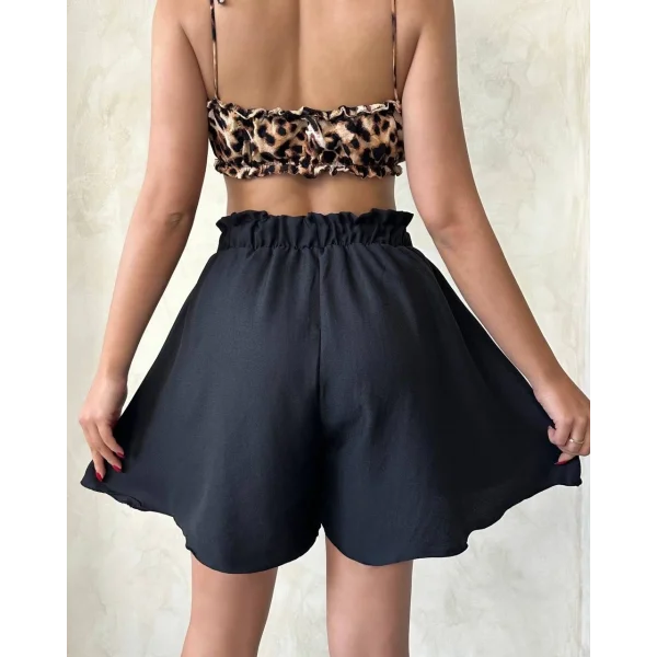 Volanlı keten şort siyah s255058