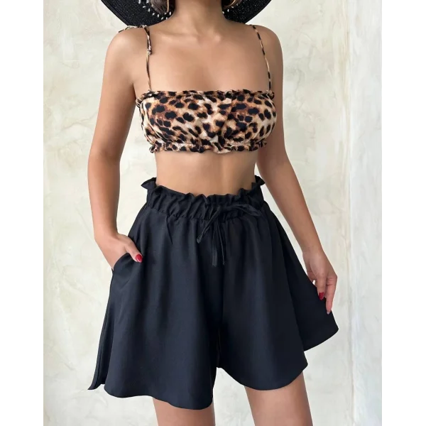 Volanlı keten şort siyah s255058