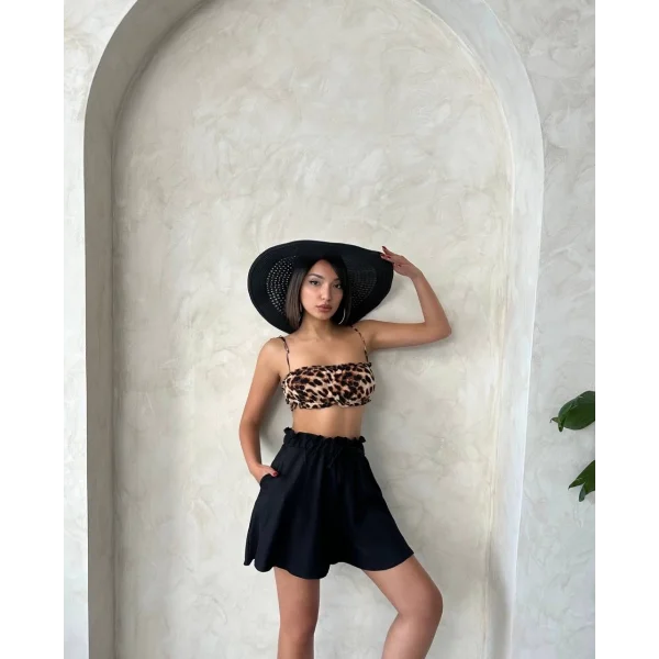 Volanlı keten şort siyah s255058