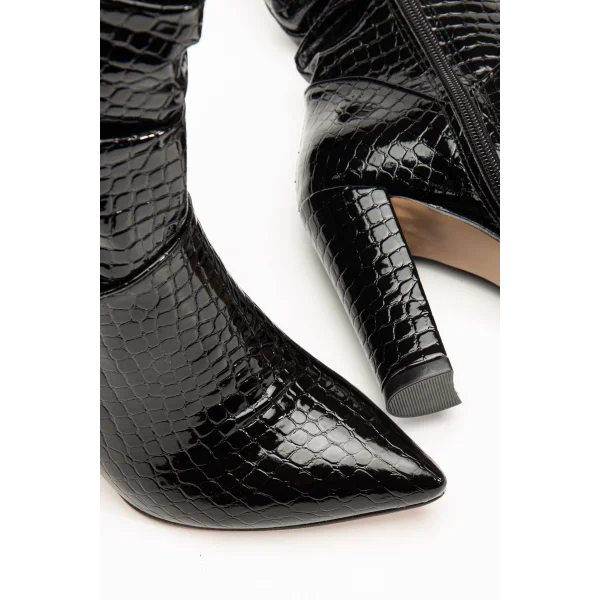 VRT-4815 Siyah Kroko Yüksek Kalın Topuklu Körüklü Fermuarlı Kadın Bot