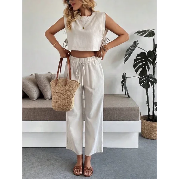 Yan bağlama detaylı pantolonlu takım bej