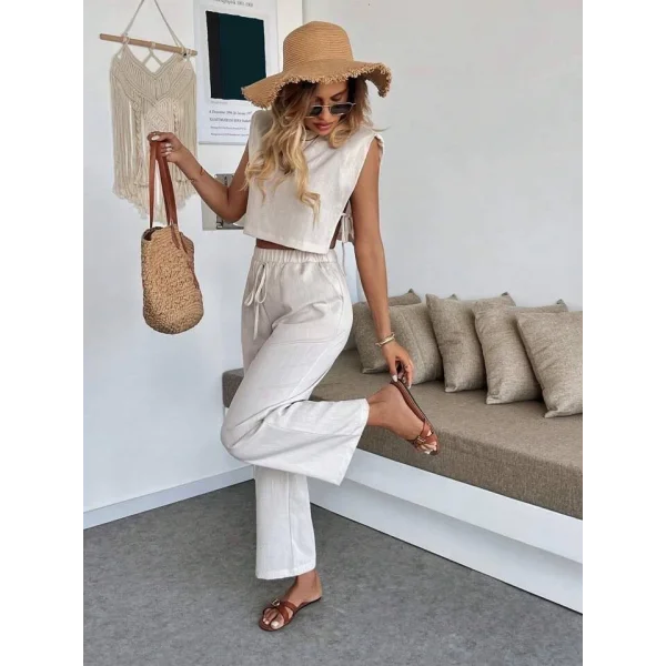 Yan bağlama detaylı pantolonlu takım bej