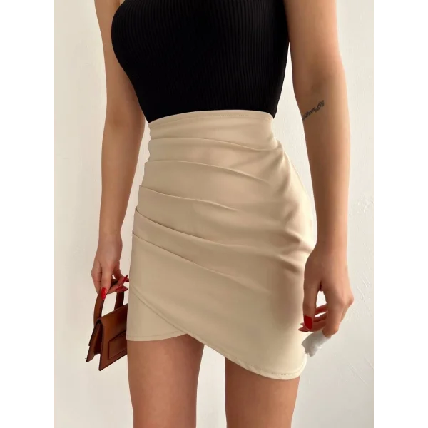 Yandan drapeli asimetrik etek bej s24771