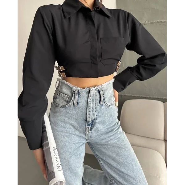 Yanı kemer detaylı crop gömlek siyah s4009