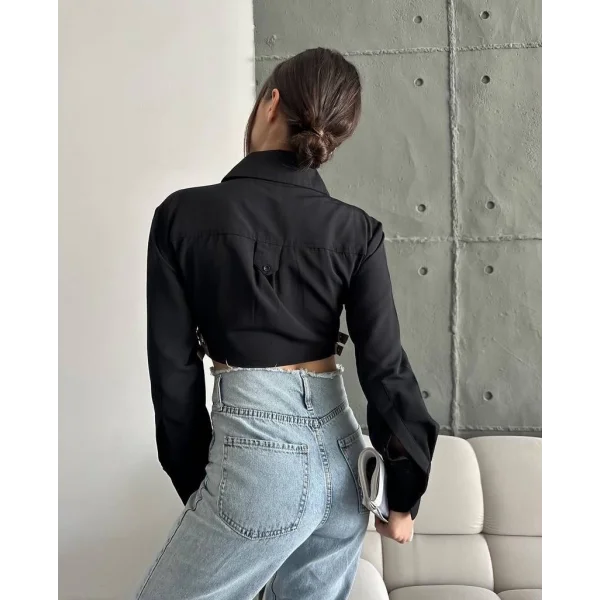Yanı kemer detaylı crop gömlek siyah s4009