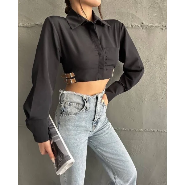 Yanı kemer detaylı crop gömlek siyah s4009