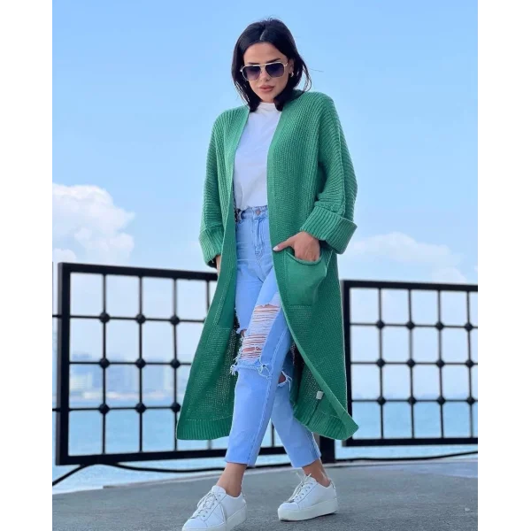 Yarasa kol uzun triko hırka Çağla yeşili