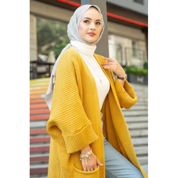 Yarasa kol uzun triko hırka hardal