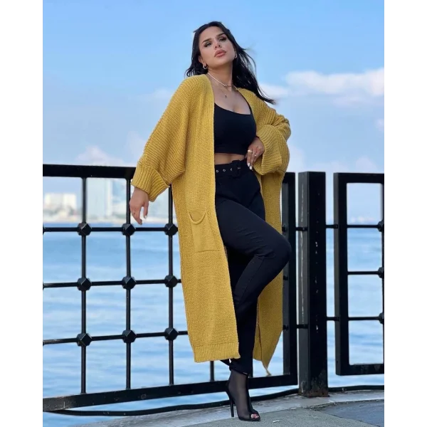 Yarasa kol uzun triko hırka hardal