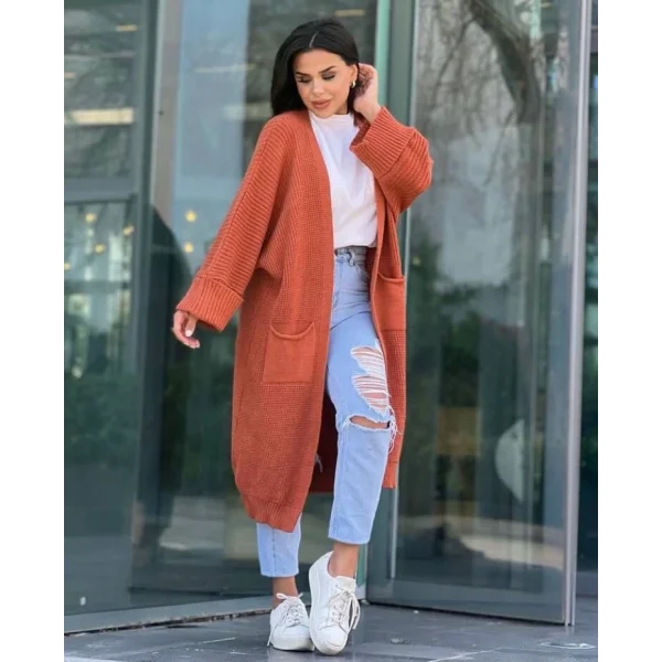 Yarasa kol uzun triko hırka kremit