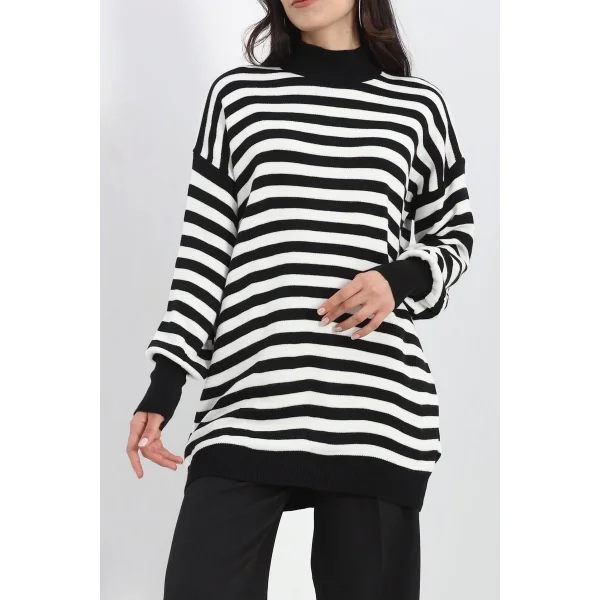 Yarım balıkçı yaka çizgili oversize triko kazak siyahbeyaz