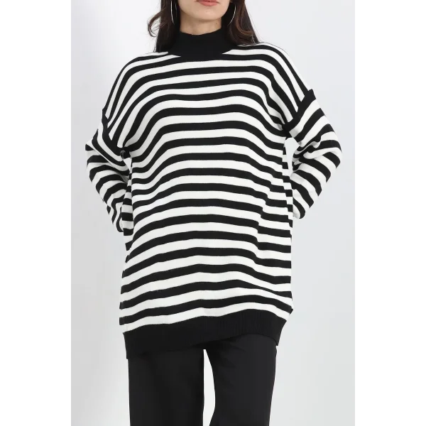 Yarım balıkçı yaka çizgili oversize triko kazak siyahbeyaz