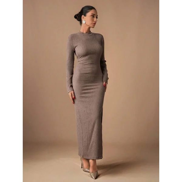 Yırtmaçlı kalın bürümcük uzun elbise vizon