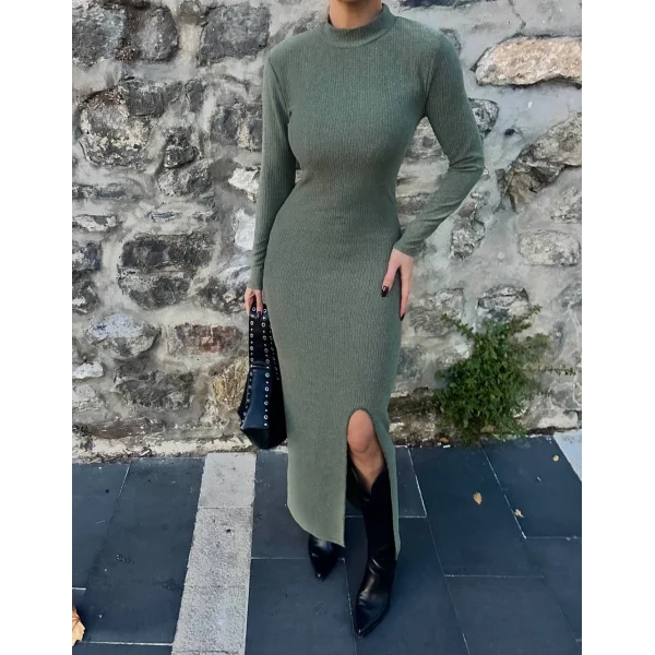 Yırtmaçlı kalın bürümcük uzun elbise Yeşil