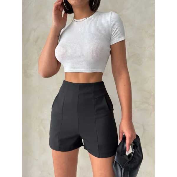 Yüksek bel parçalı double kumaş şort s25312