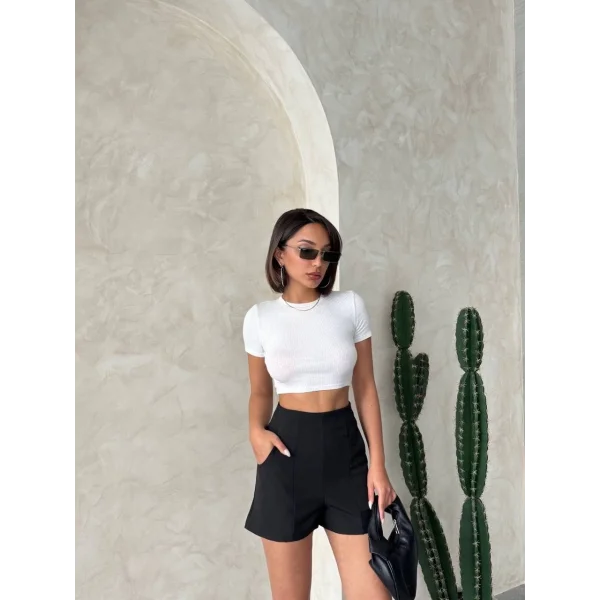 Yüksek bel parçalı double kumaş şort s25312