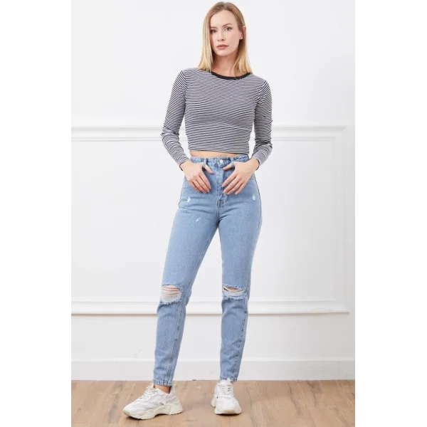 Yüksek bel yırtmaçlı mom jean pantolon