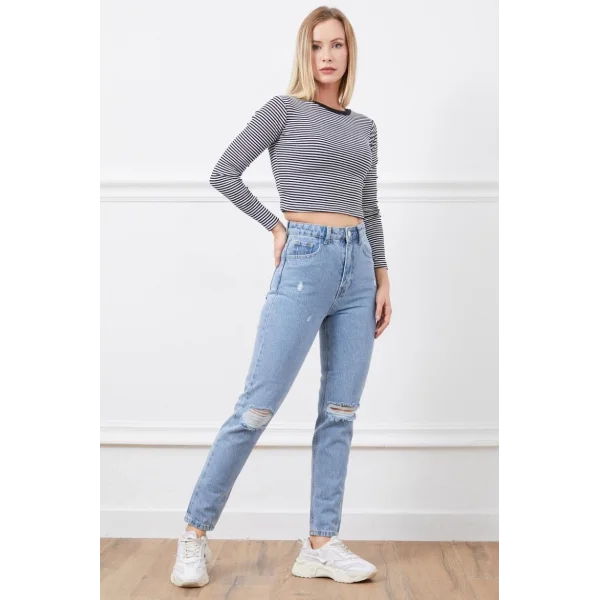 Yüksek bel yırtmaçlı mom jean pantolon