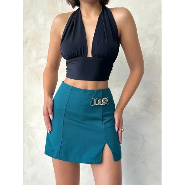 Zincirli şort etek petrol yeşili s24676