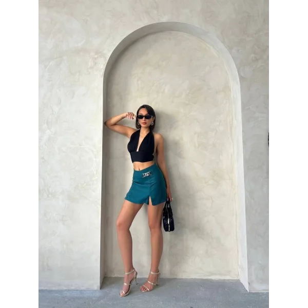 Zincirli şort etek petrol yeşili s24676