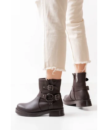 02-2013 Kahverengi Toka Aksesuarlı Fermuarlı Günlük Kadın Bot