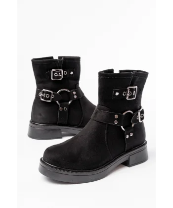 02-2013 Siyah Süet Toka Aksesuarlı Fermuarlı Günlük Kadın Bot
