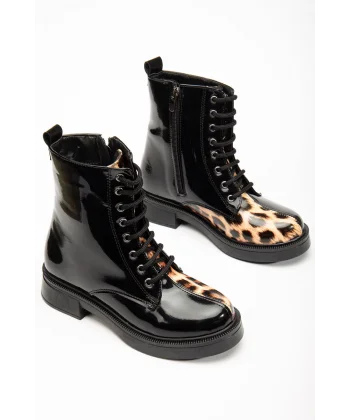 02-3055 Siyah Rugan Leopar Bağcıklı Fermuarlı Günlük Kadın Bot
