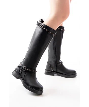 02-307 Siyah Düz Topuklu Günlük Bayan Binici Çizme