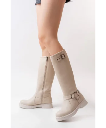 02-312 Bej Toka Aksesuarlı Fermuarlı Günlük Kadın Çizme