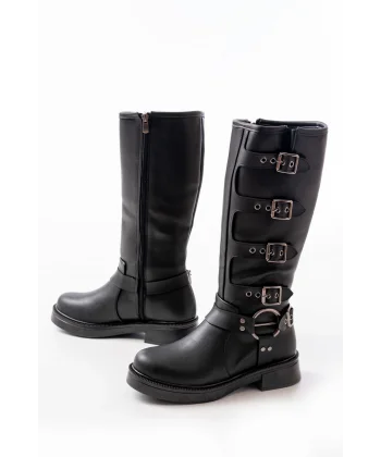 02-346 Siyah Düz Topuklu Günlük Bayan Binici Çizme