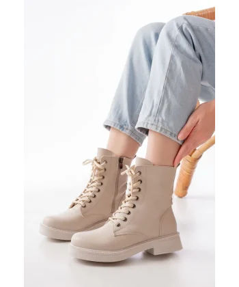 02-356 Bej Düz Topuklu Bağcıklı Fermuarlı Günlük Kadın Bot